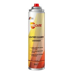 procare Lederreiniger ist ein pflegendes farbloses Spray mit Lanolin zur Behandlung von abgewetztem Leder